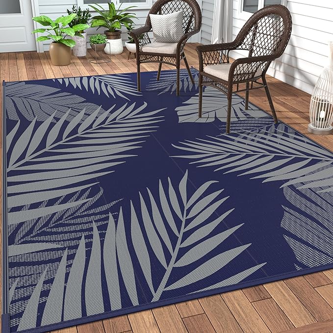 GENIMO Outdoor Rug, Waterproof Plastic Rugs for Patio, 4'x6' Blue Grey | Outside Larger Leaf Carpet Mat for Porch Decor, Deck, Balcony, Camping, RV, Backyard, Picnic, Beach, Reversible, Foldable