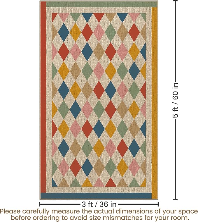 Washable Checkered Easy Jute Rug 3x5, Colorful Checkerboard Boho Geometric Outdoor Indoor Patio Small Rug, Woven Non Slip Thin Neutral Carpet Door Mat for Bedroom Entryway Front Door Farmhouse
