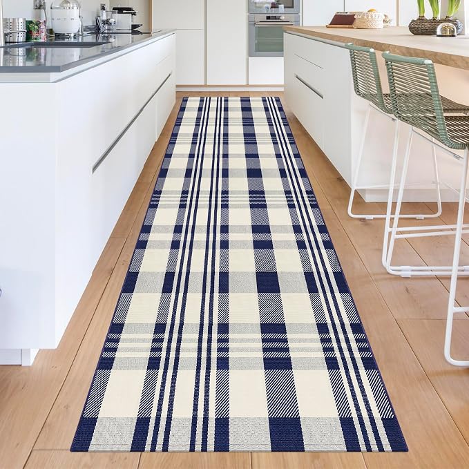 Buffalo Plaid Runner Rug 3x10 Feet Navy and Off White Hallway Runner Rug Cotton Woven Rug Farmhouse Checkered Rug Washable Runners for Entryway Kitchen Bedroom Living Room