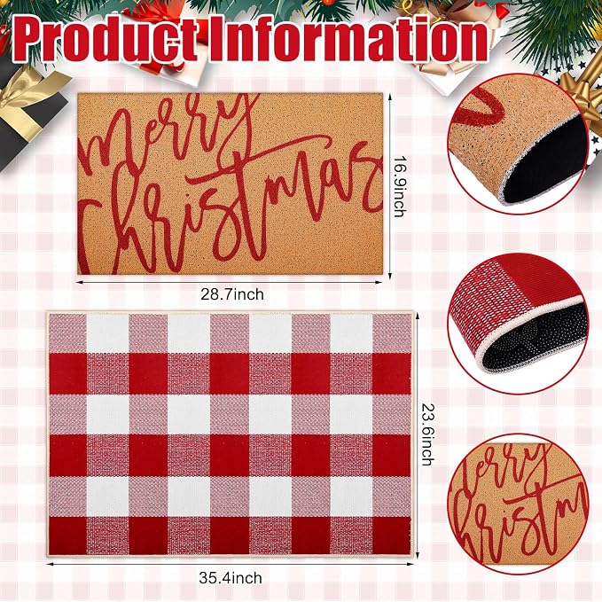 Tinideya 2 Pcs Door Mat Welcome Non Slip Coir Mats Floor Layering Doormats Seasonal for Front Porch Entryway Decor (23.6 x 35.4 Inches, Red White Plaid, Red White)