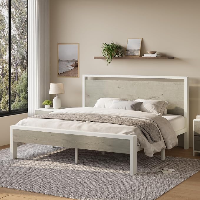 Allewie King Size Bed Frame, Heavy Duty 12 Metal Slats Support, White | Wooden Headboard and Footboard, Modern Platform Bed, No Box Spring Needed, Under-Bed Storage, Noise Free, Easy Assembly