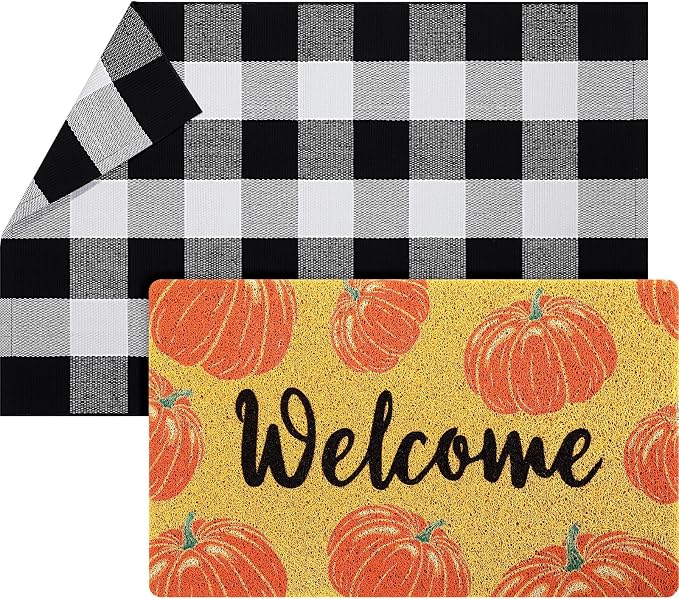 Geelin 2 Pcs Fall Front Door Mat Welcome Mat Outdoor Decorative Doormat Non Slip Buffalo Checkered Rug for Indoor Outdoor(Welcome Pumpkin)