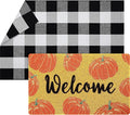 Geelin 2 Pcs Fall Front Door Mat Welcome Mat Outdoor Decorative Doormat Non Slip Buffalo Checkered Rug for Indoor Outdoor(Welcome Pumpkin)
