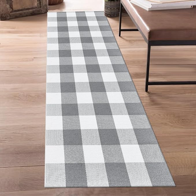 Buffalo Plaid Runner Rug 2x6 Feet Grey and White Checkered Runner Rug Cotton Woven Farmhouse Floor Mat Washable Rugs for Hallway Kitchen Laundry Bedroom Living Room
