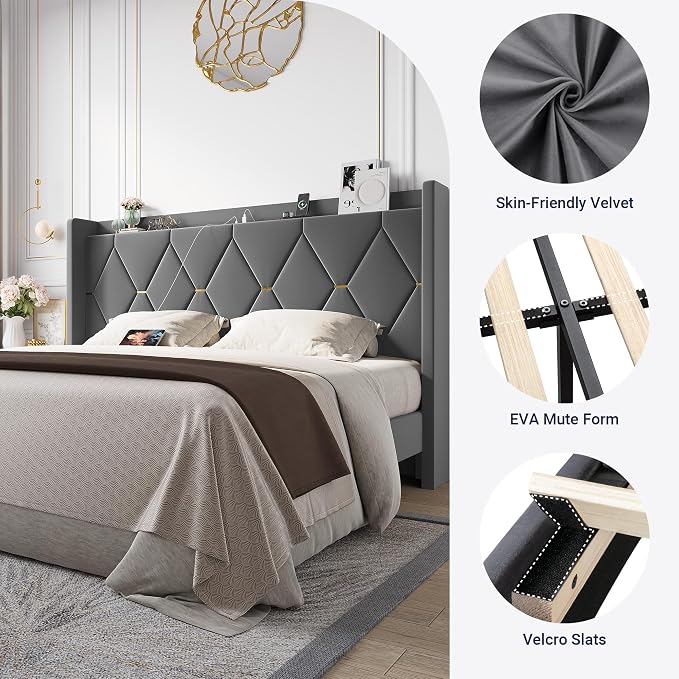 Allewie King Size Bed Frame with Storage Headboard & Charging Station | Diamond Tufted Design & Gold Trim, Velvet Upholstered Platform Bed, No Box Spring Needed, Easy Assembly, Noise-Free, Grey