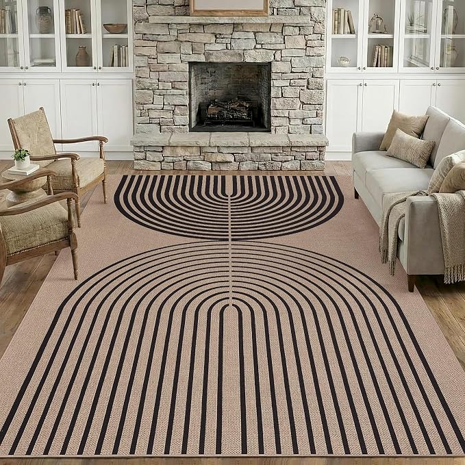 COZYLOOM 8x10 Patio Outdoor Rug, Modern Rainbow Easy Jute Rug with Non Slip Backing, Non Shedding Stain Resistant Arch Striped Area Rugs for Living Room, Bedroom, Dining Room, Backyard, Nature＆Black