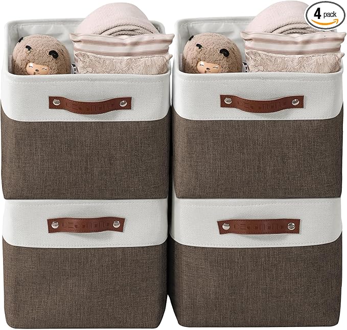 DECOMOMO Storage Bins, Large Fabric Storage Baskets for Shelves 4 Pack | 15 x 11 x 9.5 inches Decorative Linen Closet Organizers (Brown & White)