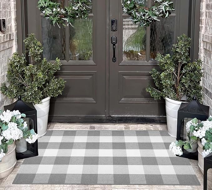 Buffalo Plaid Layered Doormat 27.5''X 43.3''Checkered Front Porch Rug Cotton Woven Washable Layering Doormat for Welcome Hello Door Mat Entryway Bedroom Living Room