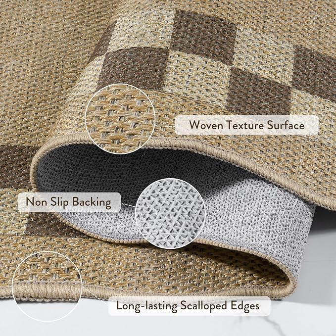 LIVEBOX Scalloped Easy Jute Checkered 3x5 Outdoor Rug, Washable Non-Slip Tan Rugs for Entryway, Geometric Indoor Outdoor Rug Farmhouse Boho Carpet Door Mat for Patio Porch Bedroom Living Room Modern