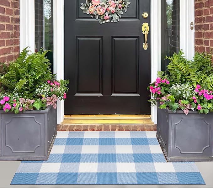 Light Blue and White Front Door Mat 24''X35'' Buffalo Plaid Checked Front Porch Rug Cotton Woven Washable Rug Layering Doormat for Welcome Door Mat Entryway Dining Room Bedroom Living Room