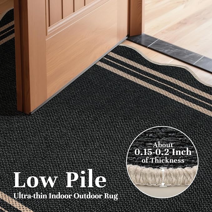 EDIMENS Easy Jute Rug Entryway Rug, 2x3 Front Door Mat Small Entryway Non-Slip Washable Area Rug, Low Pile Black Indoor Outdoor Farmhouse Scalloped Doormat for Entrance Entry Porch Doorway