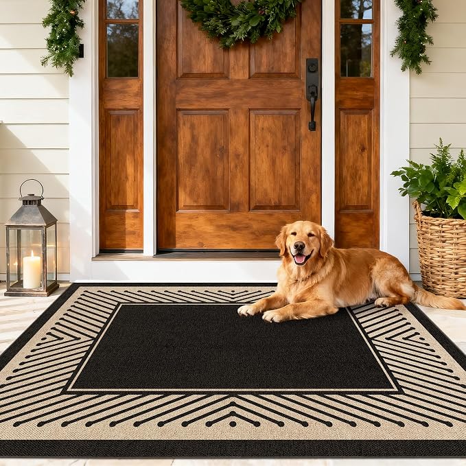 Washable Modern Easy Jute Rug 3x5, Black Outdoor Indoor Patio Striped Neutral Small Bordered Rugs, Woven Non Slip Thin Carpet Mat for Living Bedroom Entryway Front Door Farmhouse Doorway Kids