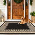 Washable Modern Easy Jute Rug 3x5, Black Outdoor Indoor Patio Striped Neutral Small Bordered Rugs, Woven Non Slip Thin Carpet Mat for Living Bedroom Entryway Front Door Farmhouse Doorway Kids