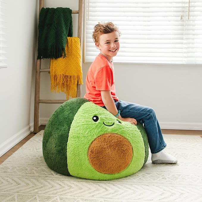 Big Joe Avocado PlushiPals Super Soft Bean Bag Chair for Kids, Ultra-Soft Plush Polyester Blend, 2.5 feet Refillable | 2.5 feet, Polystyrene Bean Filled, Refillable, Snuggle Puff, Safe for Kids Ages 3 and Up, Supports Up to 150 lbs