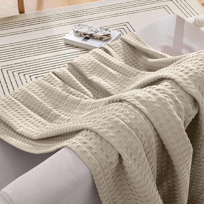 Elegant Comfort Premium 100% Cotton Waffle Blanket - Lightweight Breathable Waffle Weave Bed Blanket - Soft and Warm All Season Blanket for Couch, Sofa and Bed, Queen Size 90x90 Inches, Linen