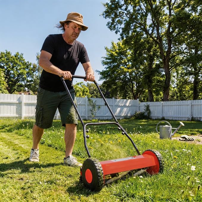 14" Push Lawn Mower, Manual Hand Push Lawn Mower Without Grass Catcher, Lightweight & Portable Walk-Behind Mower for Small Yards, Garden & Patio