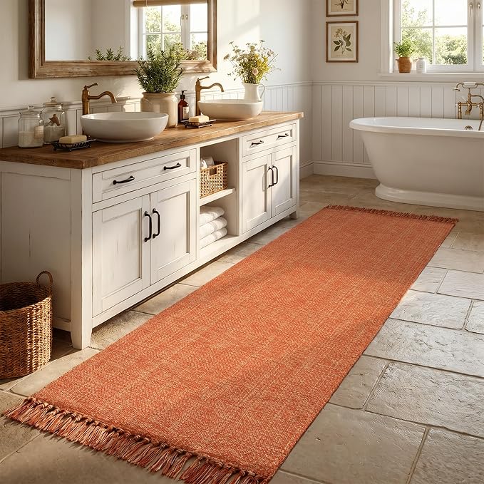 Collive Bathroom Runner Rug, 2.6' x 7' Washable Long Kitchen Mat Modern Farmhouse Entry Hall Carpet, Terracotta Hand Woven Hallway Runner Rug for Laundry Bedroom Fall Decor