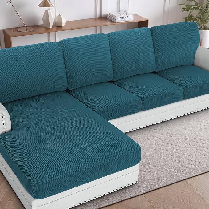 H.VERSAILTEX Sectional Couch Covers 4 Pieces Sofa Seat Cushion Covers L Shape Separate Cushion Couch Chaise Cover for Both Left/Right Sectional Couch (Seat Only: 1 Chaise + 3 Sofa, Deep Teal)