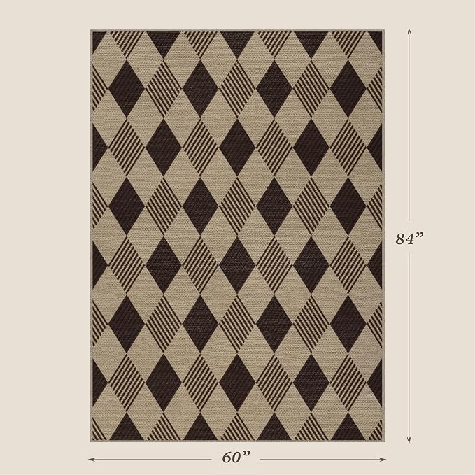 JTJ Easy Jute Diamond 5x7 Area Rug for Living Room - Door Mat Indoor Entrance, Checkered Plaid Rug for Patio, Bedroom, Home Office, Woven Low Pile Washable Beige Black Geometric Front Porch Décor
