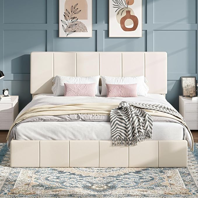SHA CERLIN King Size Bed Frame, Dutch Velvet Upholstered Platform Bed, Vertical Channel Tufted Adjustable Headboard, Low Profile Bed Frame, No Box Spring Needed, Easy Assembly, Cream