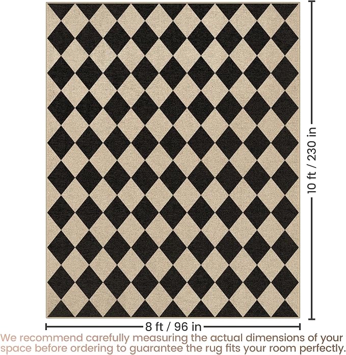 Washable Checkered Easy Jute Rug, 8x10 Black Diamond Checkerboard Boho Geometric Outdoor Indoor Patio Large Area Rugs, Low Pile Lightweight Non Slip Carpet Mat for Living Dining Room Bedroom Classroom