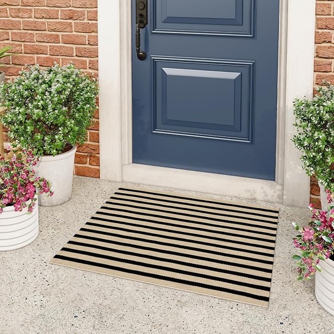 OJIA Front Door Mat Outside Entrance 24"x35" Front Door Rug Porch Rug Decor | Woven Washable Striped Outdoor Rugs Entryway Rugs Indoor Small Area Rug for Kitchen/Entry, Tan and Black Outdoor Doormat