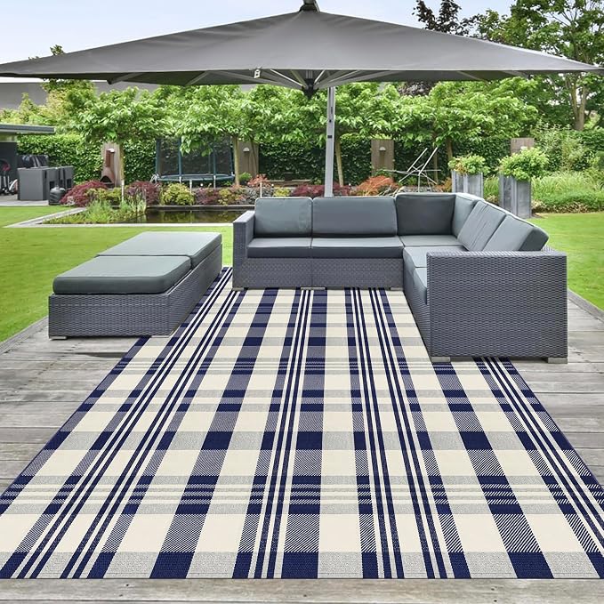 Buffalo Plaid Rug 6x9 Cotton Woven Rug Navy and Off White Checkered Buffalo Check Carpet Home Decor Washable Indoor Outdoor Area Rug for Living Room Bedroom Dining Patio Farmhouse