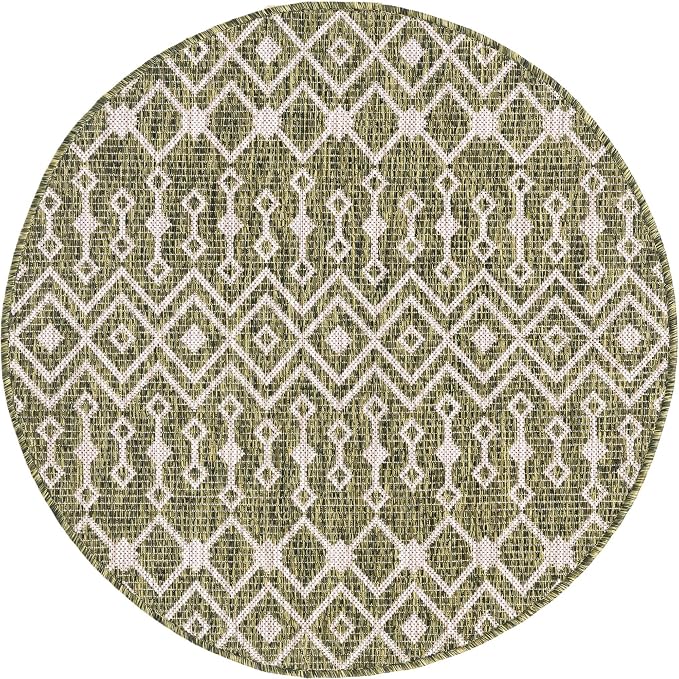 Unique Loom Outdoor Trellis Collection Area Rug - Tribal Trellis (3' 3" Round, Green/ Natural)