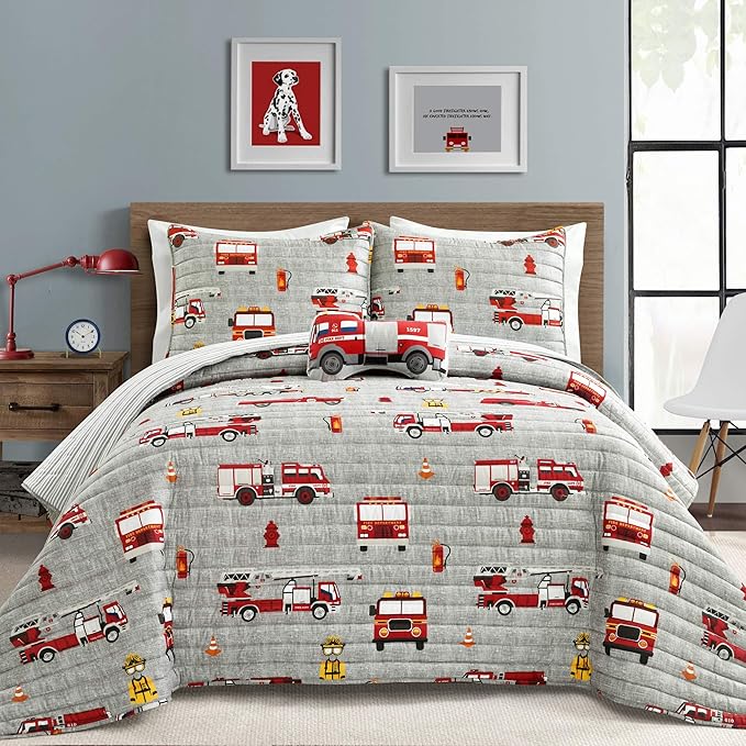 Lush Decor Fire Truck Quilt 3 Piece Set, Twin, Red & Gray - Reversible Stripe Print Toddler Bedding Set for Kids Room
