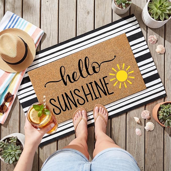 Moucuny 2 Pcs Summer Hello Sunshine Coir Door Mat 24'' x 35'' Black and White Striped Outdoor Rug 16'' x 28'' Yellow Sunshine Coir Doormat Non Slip Seasonal Welcome Doormat for Porch Front Decor