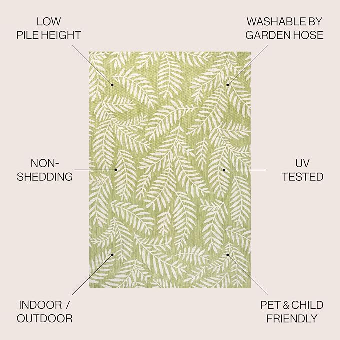 JONATHAN Y Palm Frond Indoor Outdoor Square Area Rug 5X5 Green/Cream, Nevis for Backyard, Patio, Porch, Easy-Cleaning, High Traffic, Pet-Friendly, Non-Shedding (SMB119D-5SQ)