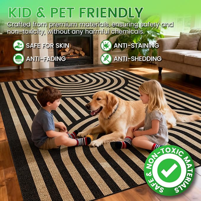 Washable Rainbow Easy Jute Rug 3x5, Black Outdoor Indoor Patio Modern Geometric Neutral Small Rugs, Woven Non Slip Thin Carpet Mat for Living Bedroom Entryway Front Door Farmhouse Doorway Kids