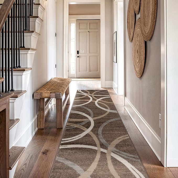Rugshop Wavy Circles Modern Jute Backing Runner Rug Brown 2'7" x 8' | Rectangular, Size 2'7" x 8', Living Room, Bedroom, Dining Room, Home Office, Kitchen, Entryway, Hallway, Nursery, Kids Room