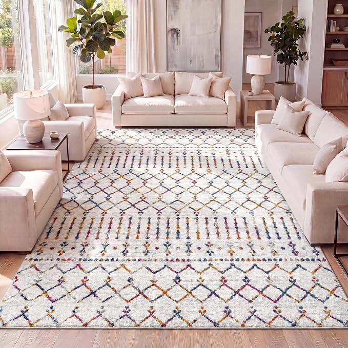 JONATHAN Y Boho Vintage Diamond Cream/Multi Indoor Area Rug 8X10 ft, Moroccan Hype for Living Room, Bedroom, Kitchen, Office, Easy-Cleaning, High Traffic, Pet-Friendly, Non-Shedding (MOH101H-8)