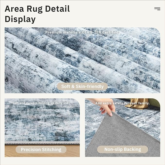 3x5 Rug, Small Area for Kitchen, Entryway, Machine Washable Non-Slip Throw Rug, Vintage Carpet for Nursery Coffee Table Blue