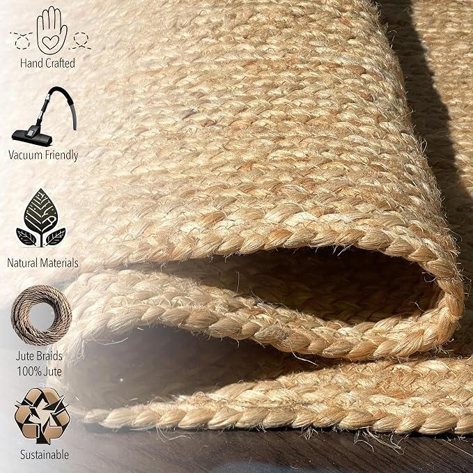 Chardin home Hand Woven Natural Jute Braided Area Rug – 9x12 Feet Rectangle | Vintage Boho Reversible Rug for Living Room, Bedroom, Dining Area, Entryway | Farmhouse Natural Fiber Floor Covering