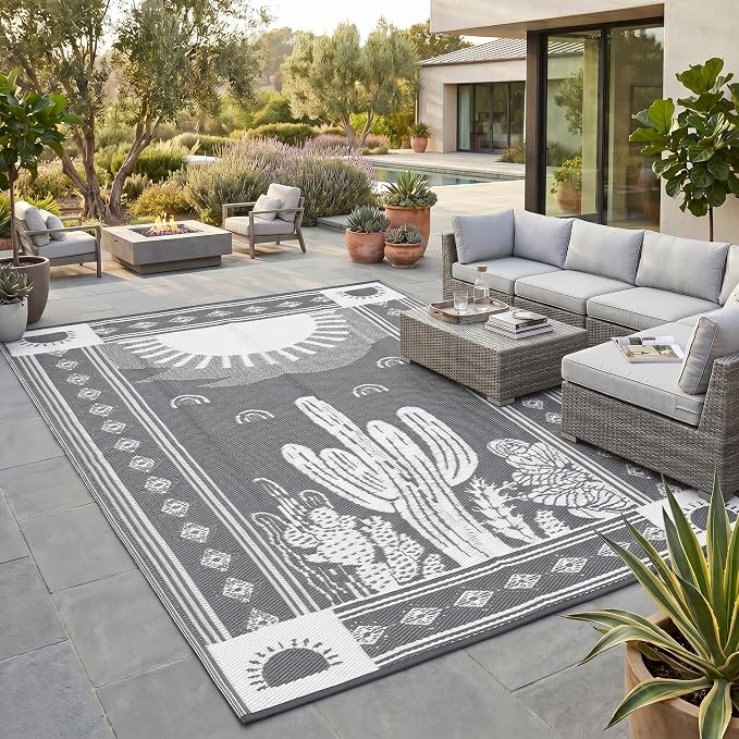 Garvee Reversible Cactus Outdoor Rug 8x10 for Patio, Waterproof Outdoor Area Rug, Modern Desert Botanical Indoor Outdoor Rugs, Plastic Straw Rug for RV, Camping, Deck, Grey