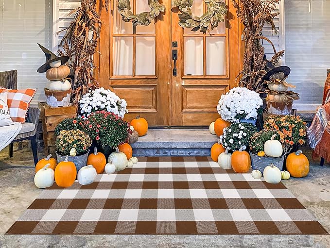 3'x5' Outdoor Rug,Coffee and White Buffalo Plaid Rug Farmhouse Front Porch Rug Machine Washable Front Door Mat Outdoor for Hello Welcome Mat,Bedroom,Entryway,Patio