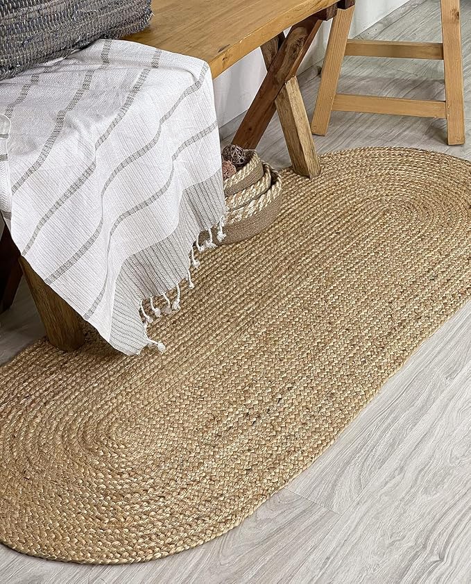 Chardin home Hand Woven Natural Jute Braided Rug – 2x5 Runner Oval| Rustic Boho Farmhouse Style | Solid Natural Fiber Rug for Hallway, Entryway, Kitchen, Bedroom, Dining Room, Study, Office