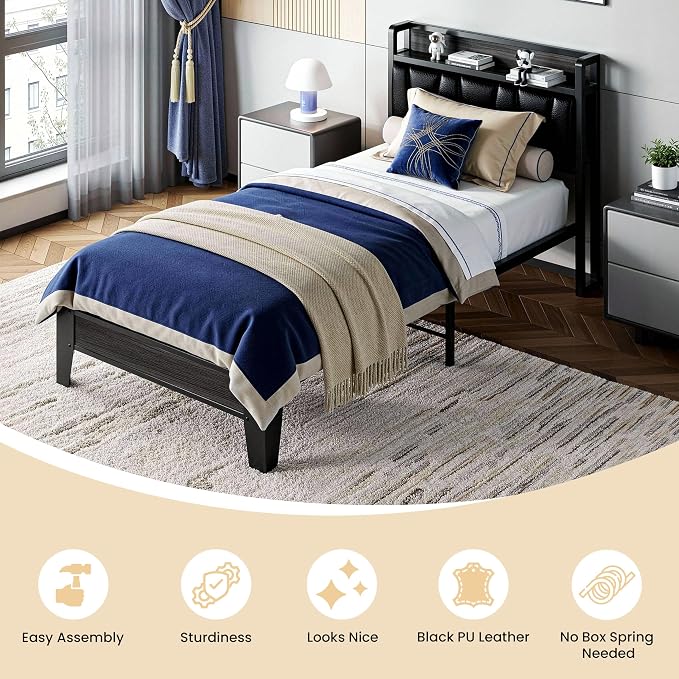 LIKIMIO Twin XL Bed Frames, PU Leather Storage Headboard with Charging Station, Solid and Stable, Noise Free, No Box Spring Needed, Easy Assembly, Black