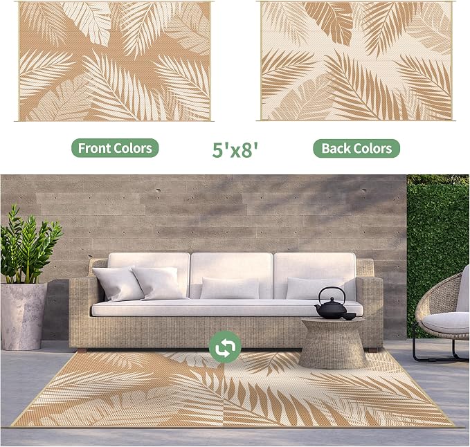 GENIMO Outdoor Rug, Waterproof Plastic Rugs for Patio, 5'x8' Brown Beige | Outside Larger Leaf Carpet Mat for Porch Decor, Deck, Balcony, Camping, RV, Backyard, Picnic, Beach, Reversible, Foldable