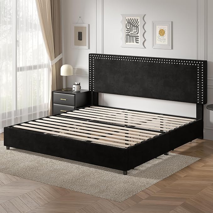 VECELO King Size Upholstered Bed Frame with 4 Storage Drawers, Adjustable Velvet Rivet Decor Headboard, Wooden Slats Platform Support, No Box Spring Needed, Easy Assembly,Black