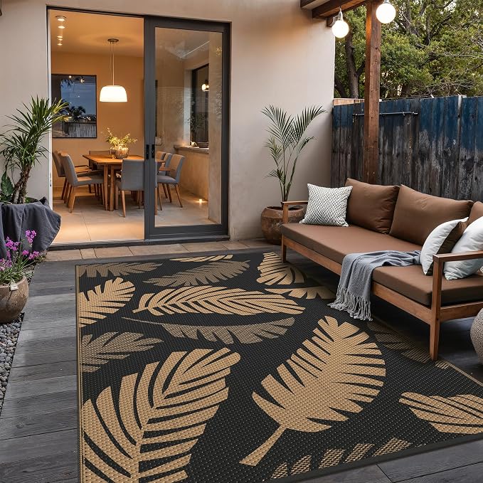 GENIMO Outdoor Rug, Waterproof Plastic Rugs for Patio, 5'x8' Black Brown | Outside Larger Leaf Carpet Mat for Porch Decor, Deck, Balcony, Camping, RV, Backyard, Picnic, Beach, Reversible, Foldable
