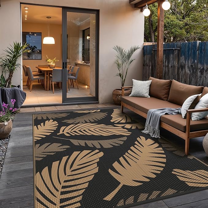 GENIMO Outdoor Rug, Waterproof Plastic Rugs for Patio, 8'x10' Black Brown | Outside Larger Leaf Carpet Mat for Porch Decor, Deck, Balcony, Camping, RV, Backyard, Picnic, Beach, Reversible, Foldable