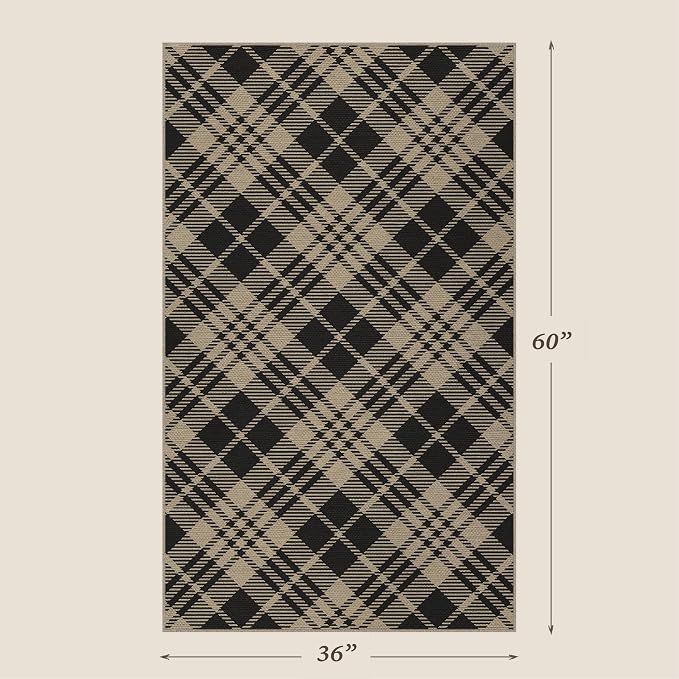 JTJ Vintage Outdoor Entrance Rugs 3x5 - Easy Jute Woven Rug for Indoor Area, Kitchen, Bedroom, Washable Low Pile Black and White Classic Decor
