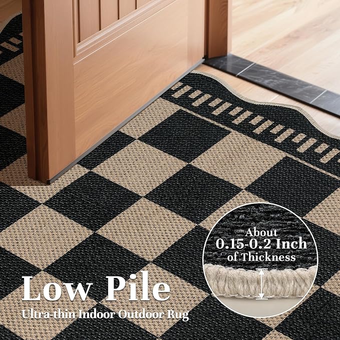 EDIMENS 2x3 Front Door Mat Easy Jute Scalloped Doormat Small Entryway Rug | Checkered Non-Slip Washable Area Rug Low Pile Black Indoor Outdoor Farmhouse for Entrance Entry Front Porch Doorway