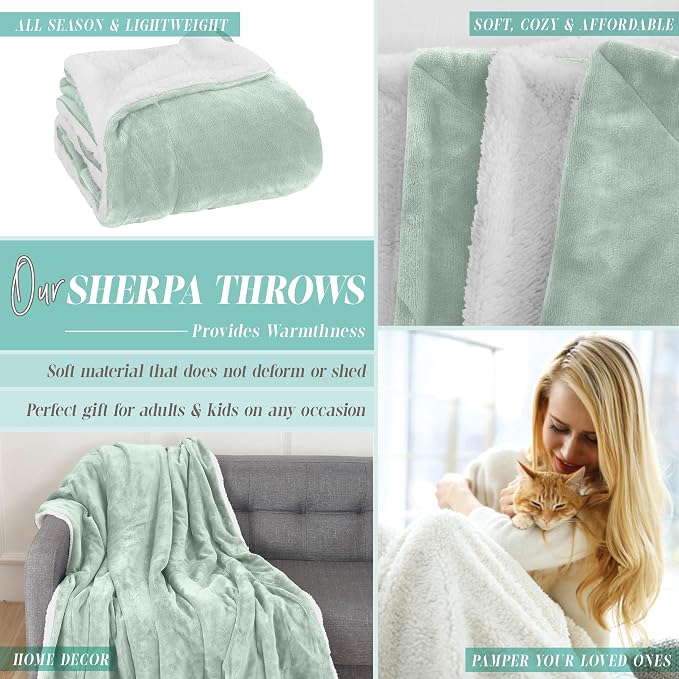 Elegant Comfort Throw Blanket, Reversible Sherpa Flannel, Ultra-Soft, Fuzzy, Cozy and Plush- All Season Lightweight Decorative Throw, 50 x 60 inches, Solid Sherpa Throw, Mint Green