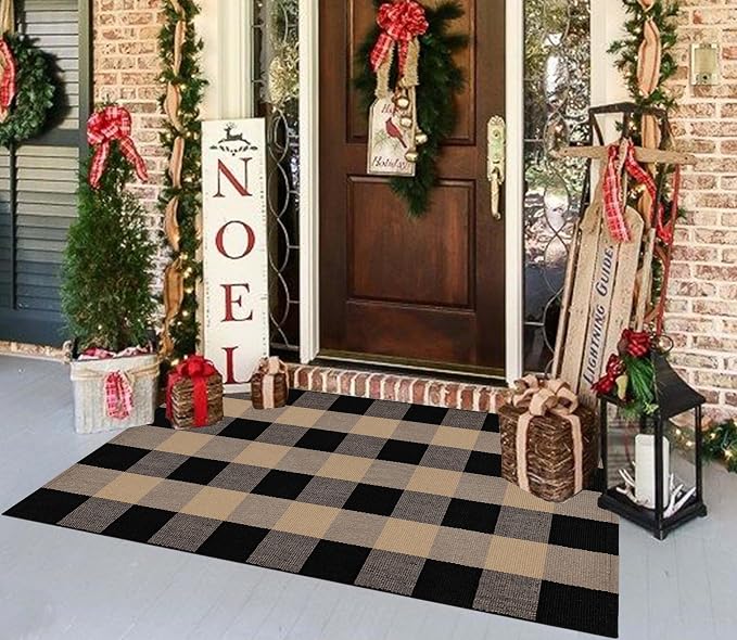 Tan and Black Door Mats Outdoor 27.5''X 43.3''Checkered Spring Front Porch Rug Cotton Washable Small Area Rug for Hello Welcome Layered Entryway Bedroom Living Room