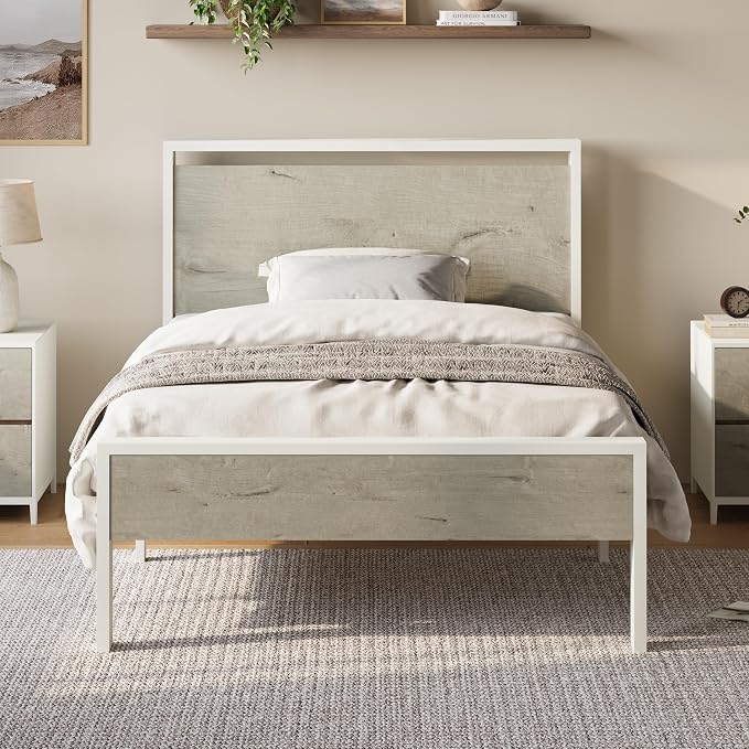 Allewie Twin Size Bed Frame, Heavy Duty 12 Metal Slats Support, White | Wooden Headboard and Footboard, Modern Platform Bed, No Box Spring Needed, Under-Bed Storage, Noise Free, Easy Assembly