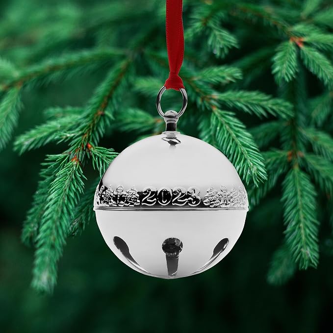 Wallace Silver-Plated Sleigh Bell Ornament 2023-53rd Edition Annual Collectible with Gingerbread Man and Christmas Tree Design, Handcrafted in USA, Includes Gift Box and Velvet Pouch